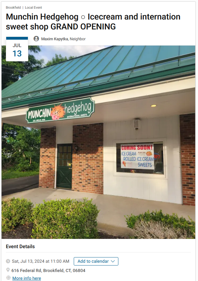 Munchin Hedgehog - Ice Cream and International Sweet Shop Grand Opening - Brookfield Connecticut Event July 13th 2024.