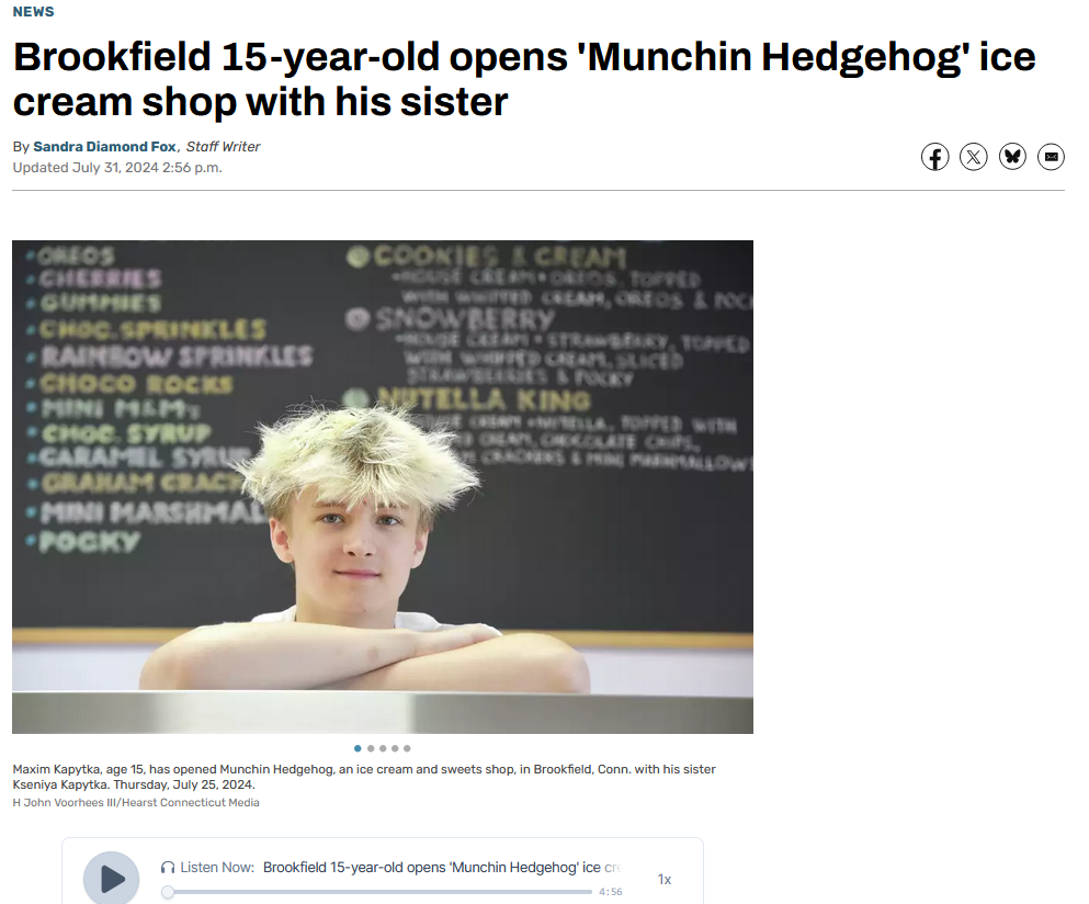 Brookfield 15-year-old opens 'Munchin Hedgehog' ice cream shop with his sister - article screenshot.
